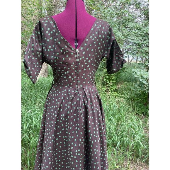 Vintage 1940s Brown Polished Cotton Floral Dress Art Deco - Picture 12 of 16